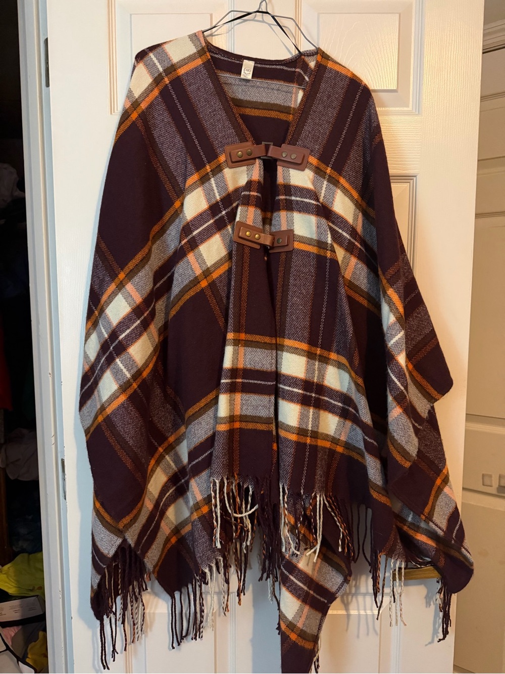 Cato Plaid Toggle Poncho in Purple, Orange & Cream